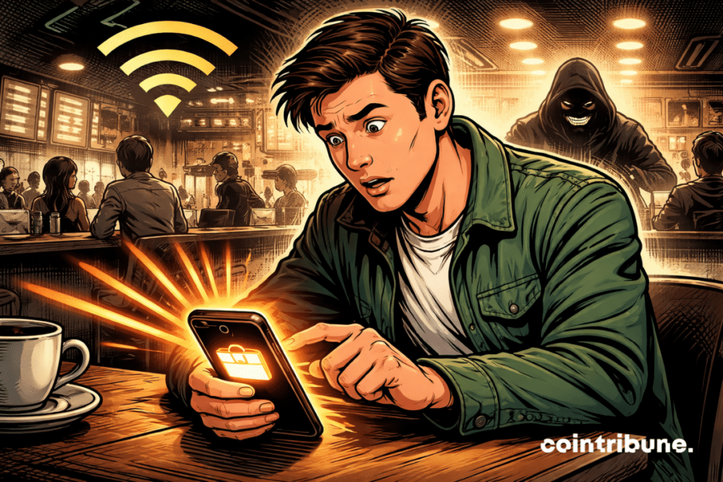Crypto user sits in a café staring in shock at a glowing smartphone as a hooded hacker silhouette looms behind him under floating WiFi symbols.