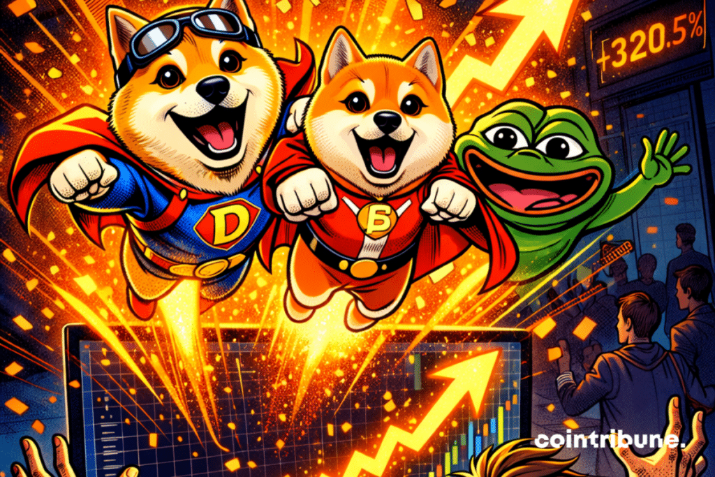 Ilustración de las mascotas de las memecoins brotando.