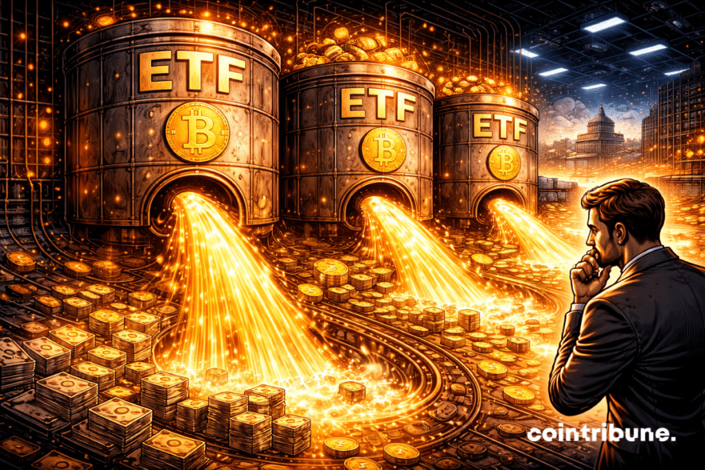 A giant Bitcoin ETF reservoir is emptying through wide, glowing orange channels. The outflow is massive and continuous. An institutional trader watches the capital drain.