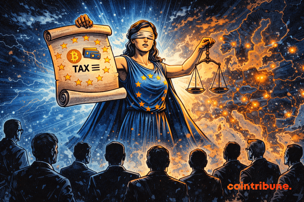 La figure de l’Europe impose un parchemin fiscal crypto à douze nations, sous une carte embrasée et un ciel orageux.