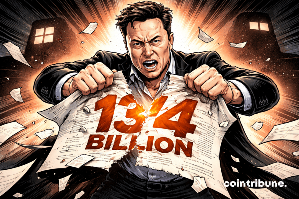 Una ilustración al estilo cómic muestra a Elon Musk rompiendo con furia un documento legal marcado con el número brillante 134, mientras fragmentos de papel vuelan contra un fondo oscuro y dramático.