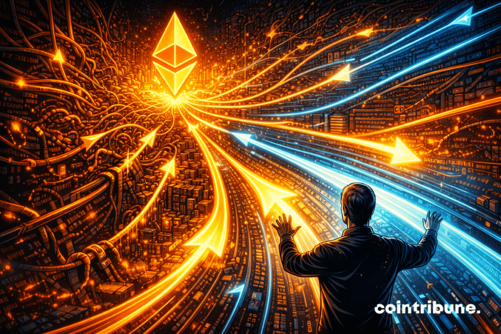 Ethereum depicted as a complex 3D network with bottlenecks symbolizing congestion, crossed by optimized lines of code that simplify the path. Vitalik Buterin observes the optimization.