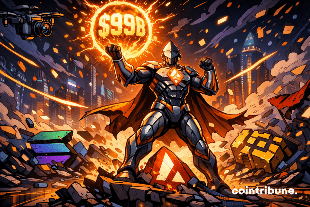 Super-héros Ethereum tenant un globe de « 99 milliards de dollars », debout au-dessus de ses rivaux cryptographiques vaincus dans un paysage urbain.