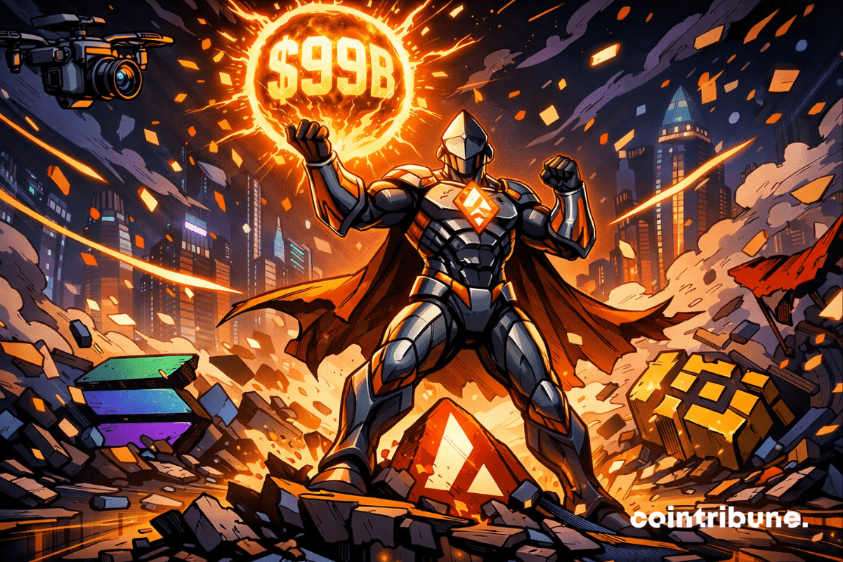 Super-héros Ethereum tenant un globe de « 99 milliards de dollars », debout au-dessus de ses rivaux cryptographiques vaincus dans un paysage urbain.