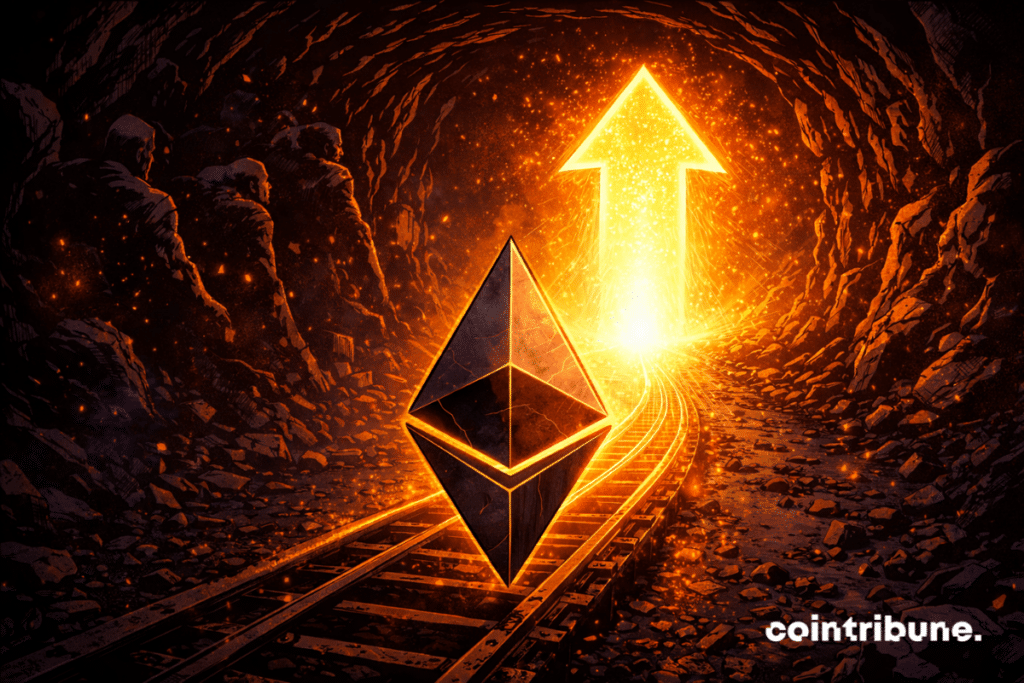 Ethereum se tient à l’entrée d’un tunnel sombre. Derrière lui, l’obscurité symbolise les 3 années de pression. Devant, une lumière haussière nette et directionnelle apparaît.