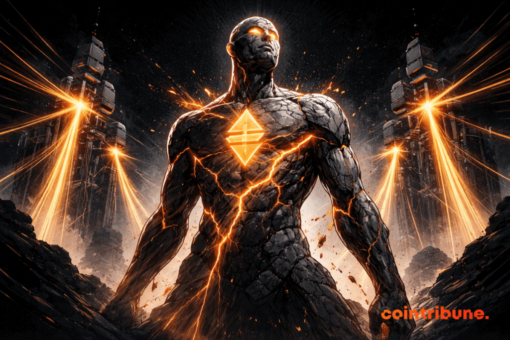 Une statue humanoïde massive et fissurée, rayonnant d'une énergie orange, se dresse dans l'obscurité tandis que des structures imposantes absorbent sa lumière. Au loin, une silhouette en costume suggère que BlackRock observe la scène.