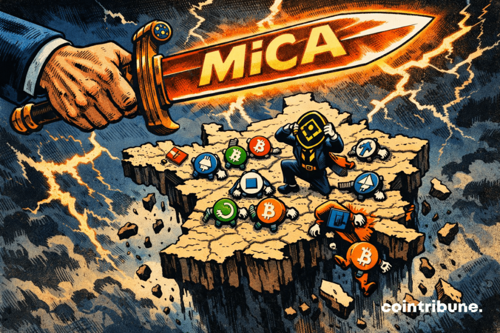 Une main divine brandit une épée “MiCA” au-dessus de la France, menaçant des cryptos paniquées accrochées au bord.