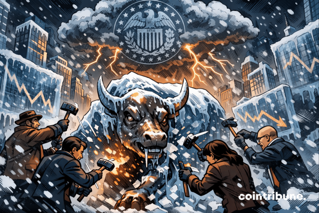 Traders struggle to free the frozen Wall Street Bull as the Fed looms in stormy skies above.