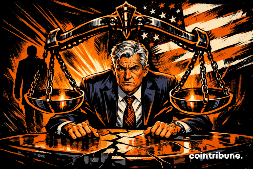 Jerome Powell grips a cracked desk as an orange-glowing scale of justice closes around him, with a retreating shadowed figure and fragmented U.S. flag in a dramatic 1970s comic style.