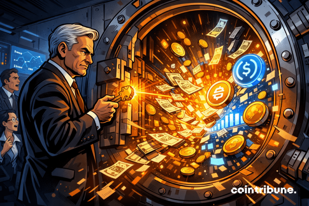 O banqueiro abre um cofre brilhante enquanto o papel-moeda se transforma em stablecoins e ativos digitais.