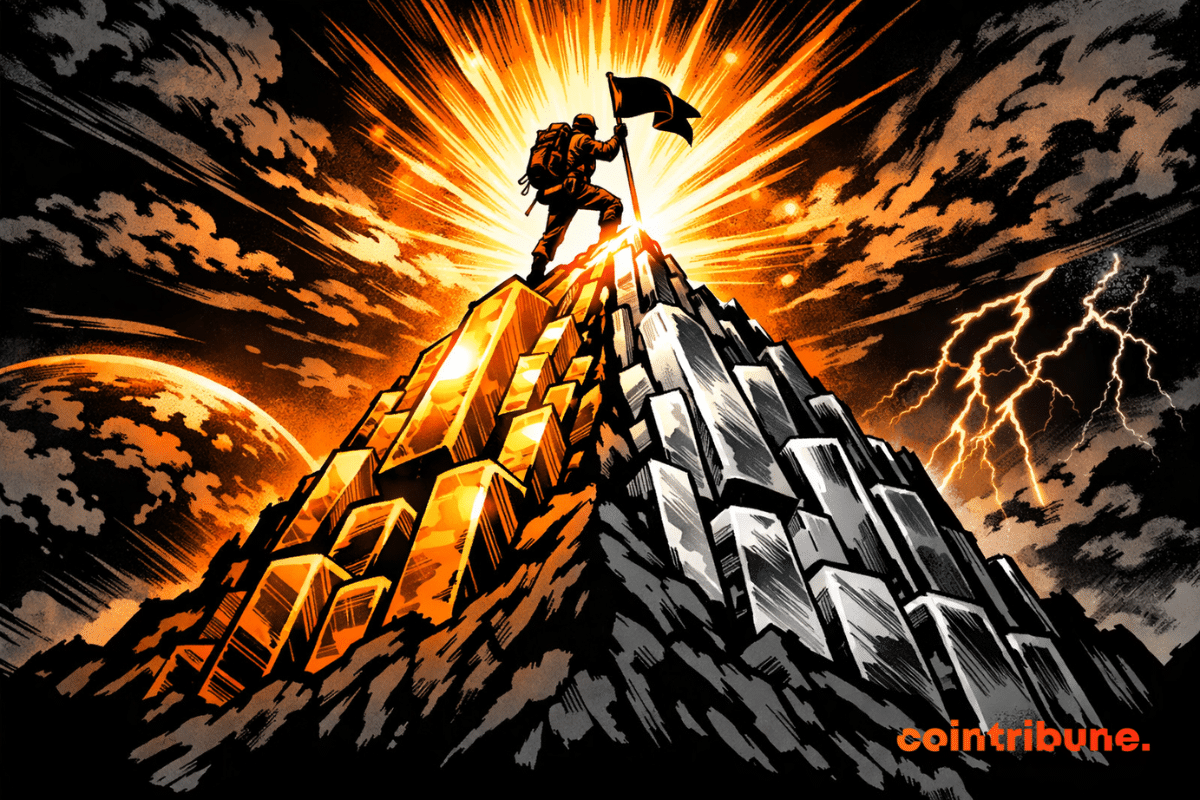 Un alpiniste de style bande dessinée se tient debout sur une montagne faite de lingots d'or et d'argent, illuminée par une lueur orange explosive sous un ciel orageux.