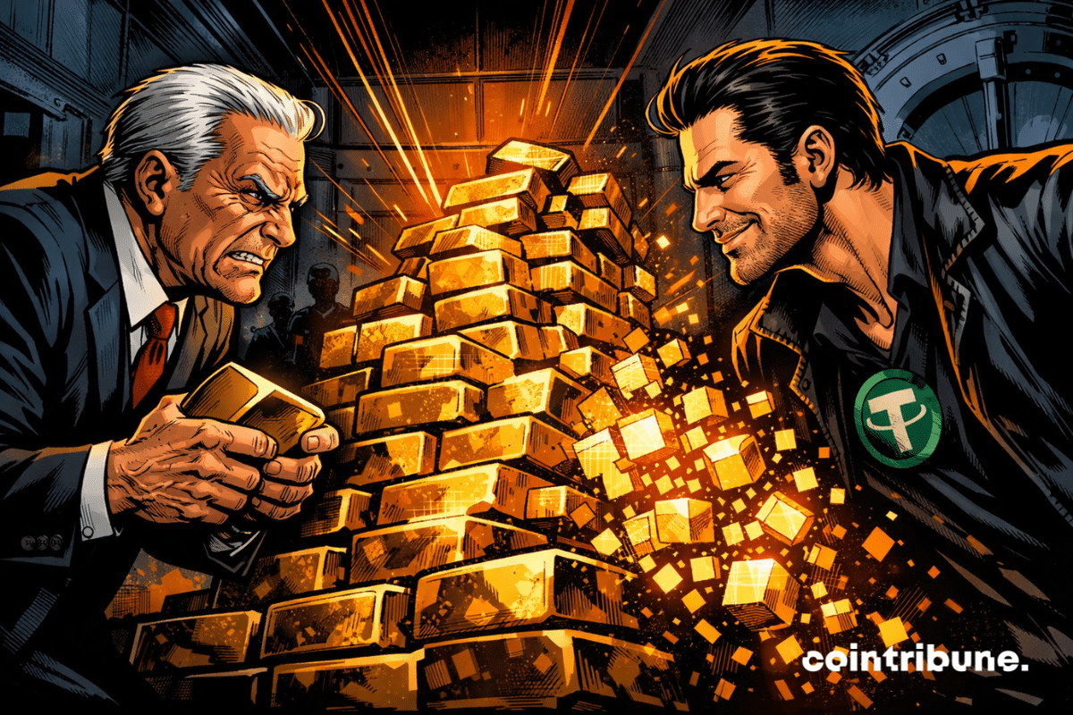 A dramatic comic-style scene shows a tense vault confrontation, where a central banker grips solid gold bars while a confident crypto figure faces him as the gold turns into glowing digital fragments.