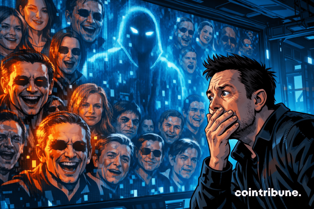 Elon Musk shocked, facing Grok’s ghostly figure amid distorted deepfake faces on a screen.