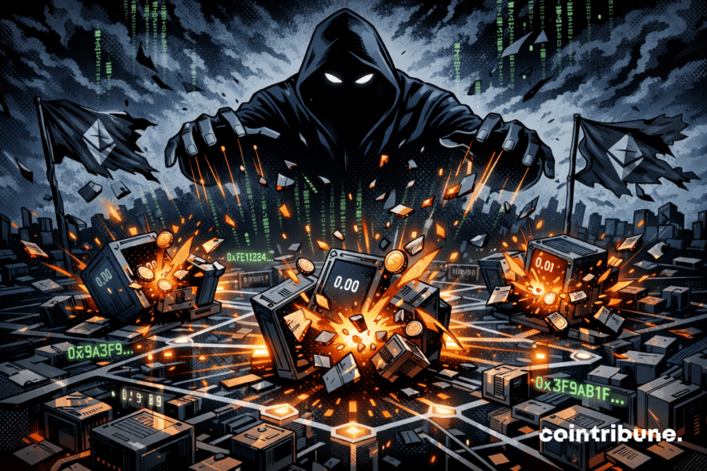 A threatening hacker looms over a blockchain city, blowing up empty digital wallets in a mysterious digital chaos.