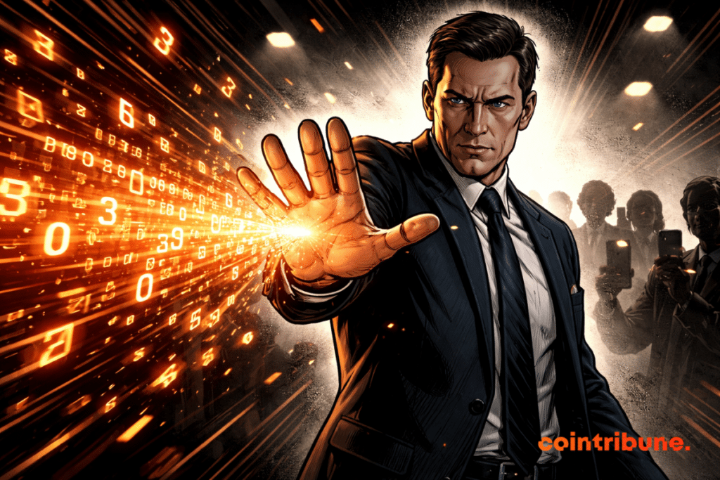 A stern Meta spokesperson in a dark suit blocks a burst of glowing orange data with his outstretched hand as shadowy reporters watch behind him.