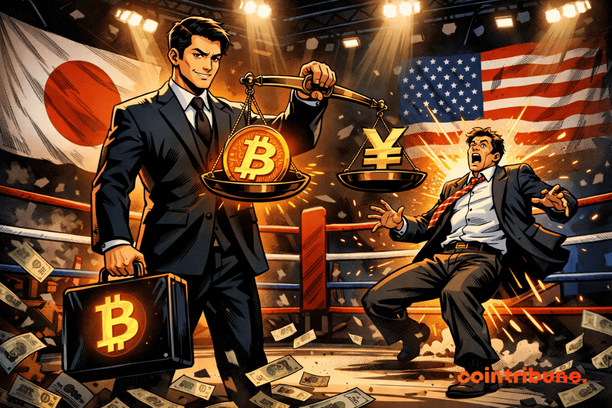 Un homme d'affaires japonais triomphe sur un ring, brandissant une balance Bitcoin-Yen, face à un rival américain abasourdi.