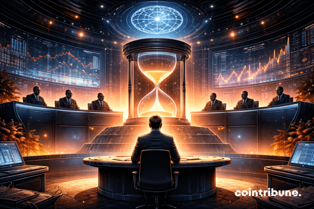 In a futuristic courtroom, a stylized crypto entity (representing Strategy) sits alone under a white light, while digital judges (representing MSCI) observe in silence.