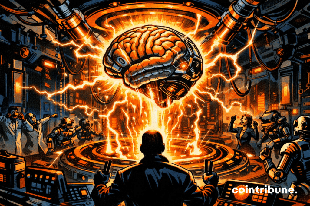 Laboratoire futuriste où Amazon alimente un cerveau artificiel, des robots OpenAI et des scientifiques réagissent.