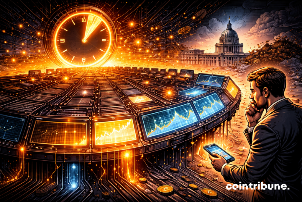 Un tableau de prédiction abstrait avec une jauge visuelle fortement remplie indique une probabilité élevée, ce qui symbolise la prédiction de Polymarket sur un nouveau shutdown aux États-Unis.