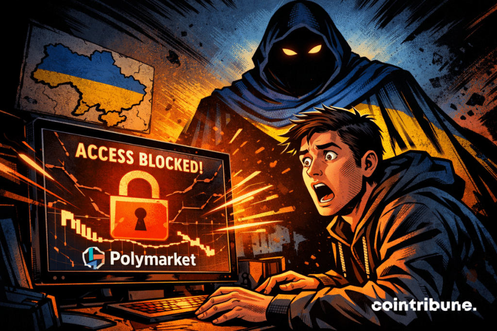 Illustration de style comic book montrant un jeune homme en hoodie choqué devant un écran d’ordinateur affichant un cadenas rouge et un message de blocage. En arrière-plan, une silhouette menaçante drapée dans les couleurs du drapeau ukrainien domine la scène, avec une carte fissurée de l’Ukraine accrochée au mur.