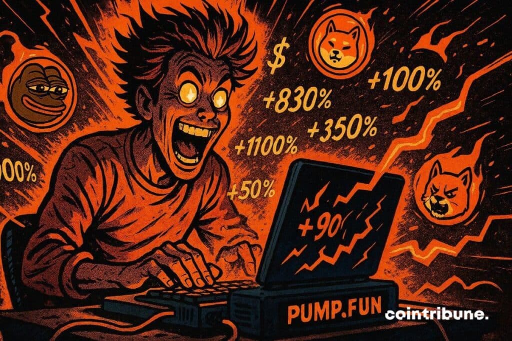 Un utilisateur crypto sur Pump.fun qui voit des chiffres fous exploser les record sur les memecoins Solana.