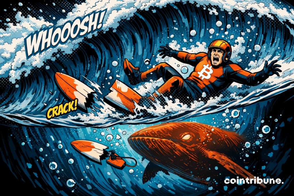 Un surfeur Bitcoin chute d’une vague géante, sa planche brisée. Une baleine orange l’observe depuis les profondeurs menaçantes.