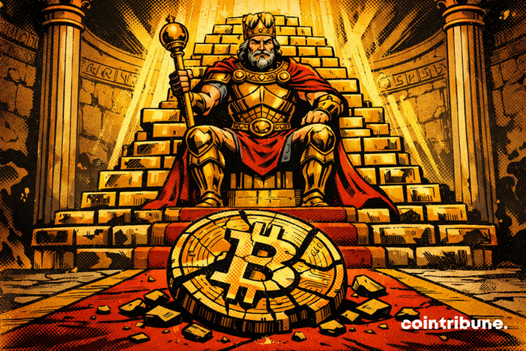 Un roi majestueux trône sur des lingots d’or, dominant une pièce Bitcoin brisée au sol, baignée de lumière dorée.