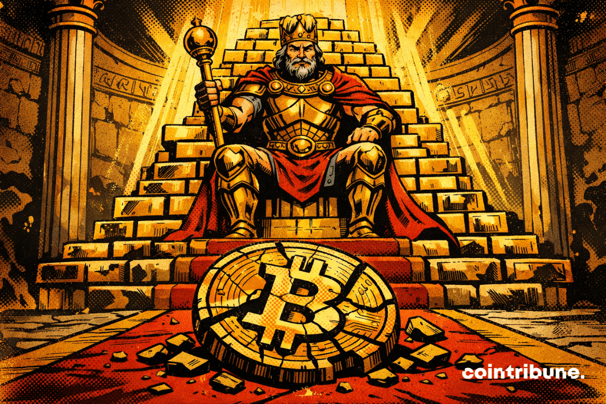 Un roi majestueux trône sur des lingots d’or, dominant une pièce Bitcoin brisée au sol, baignée de lumière dorée.