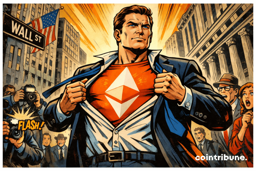 Un homme d’affaires déchire sa chemise pour révéler un t-shirt Ethereum, sous les regards choqués de Wall Street.