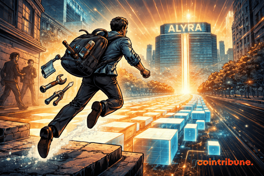 Un homme équipé d’un sac à dos rempli d’outils court vers une tour futuriste portant l’inscription “Alyra”, baignée de lumière dorée, sur une route faite de blocs technologiques.