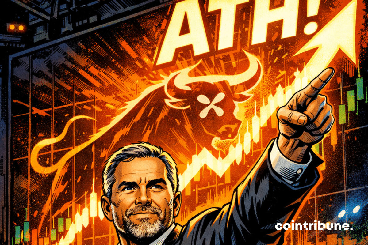 Un PDG pointe un graphique crypto en forte hausse, avec le mot "ATH!" en fond.