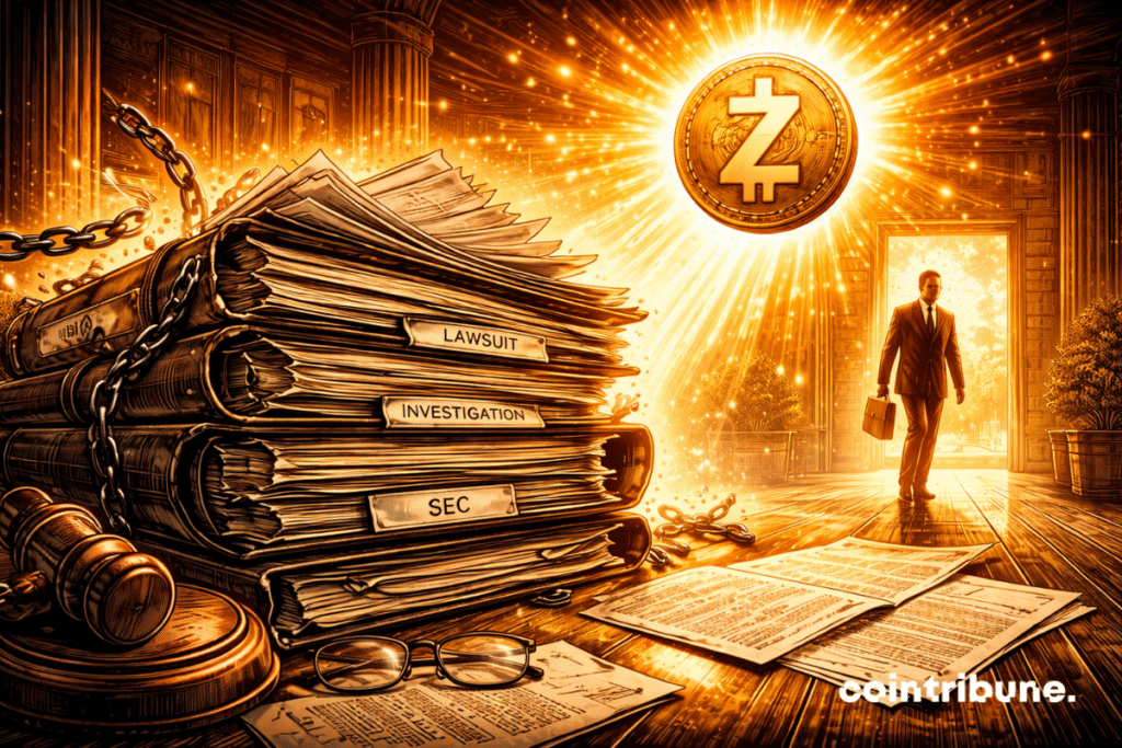 A stack of legal files closes on its own, as a Zcash symbol slowly rises into the light. A SEC regulator walks off the stage.