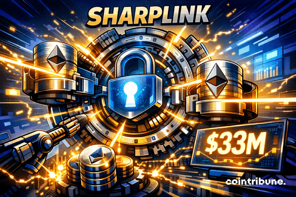 Une illustration dynamique montrant un mécanisme de verrouillage futuriste entouré de jetons Ethereum et d’un montant de M.