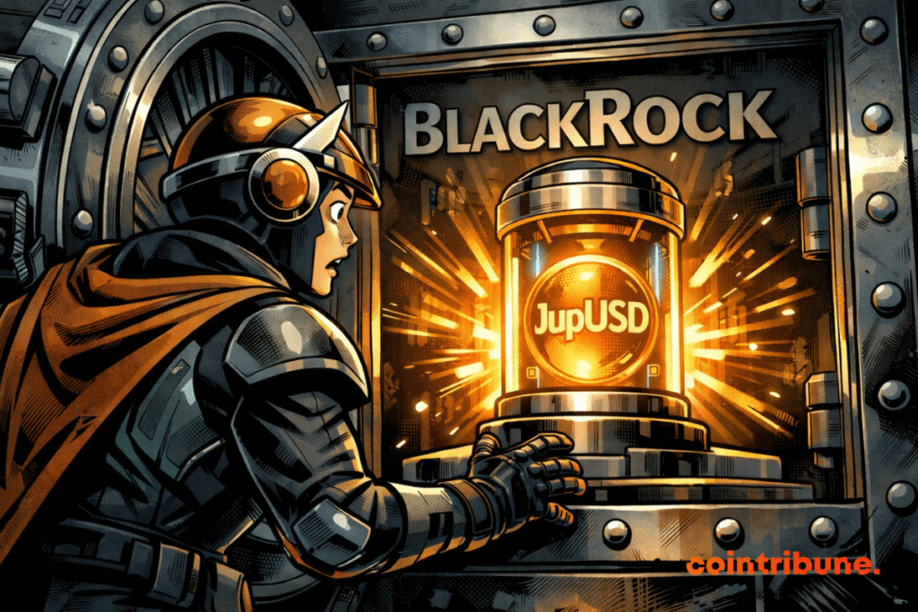 A crypto hero opens a safe revealing a bright, shining JupUSD capsule at the heart of the BlackRock world.