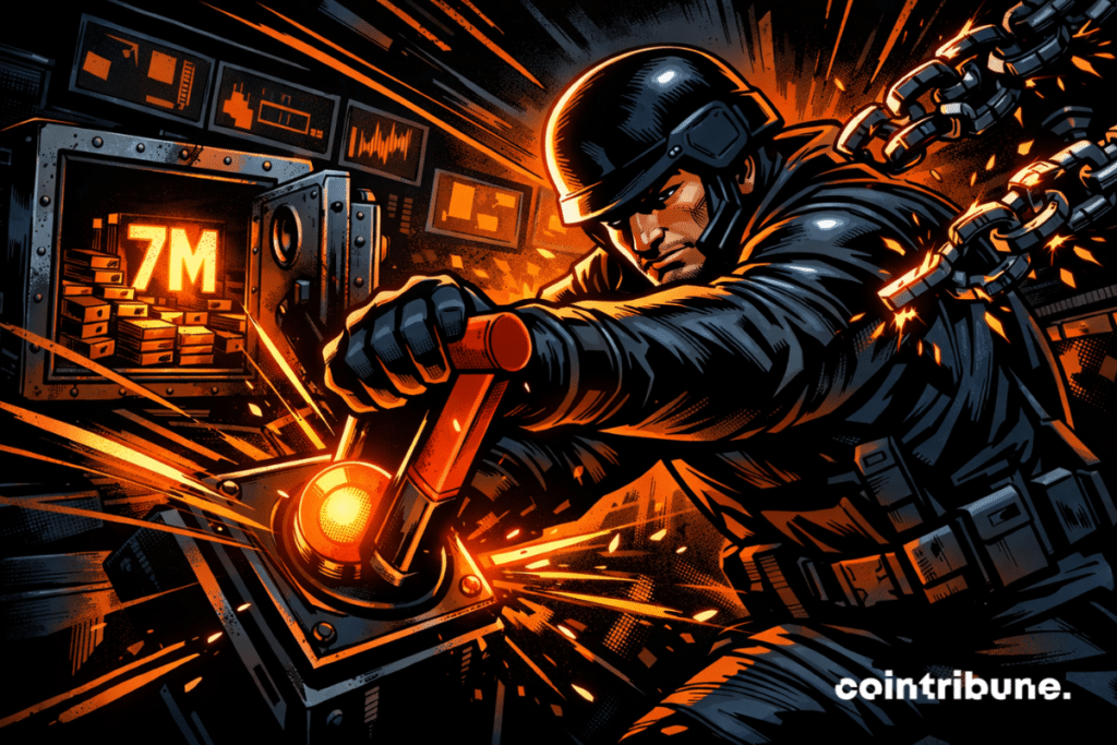 Un agent de sécurité au look de bande dessinée tire un levier d'urgence orange lumineux dans une salle de contrôle sombre dédiée à la blockchain, tandis que des chaînes numériques se brisent et qu'un coffre-fort marqué 7M s'ouvre.