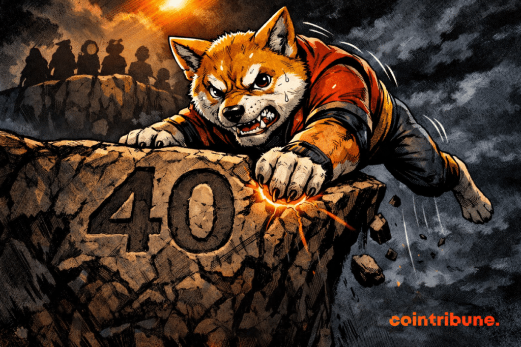 An anthropomorphic Shiba Inu clings desperately to the edge of a cracked cliff engraved with the number 40, glowing orange under a dark, stormy sky as shadowy figures loom above.