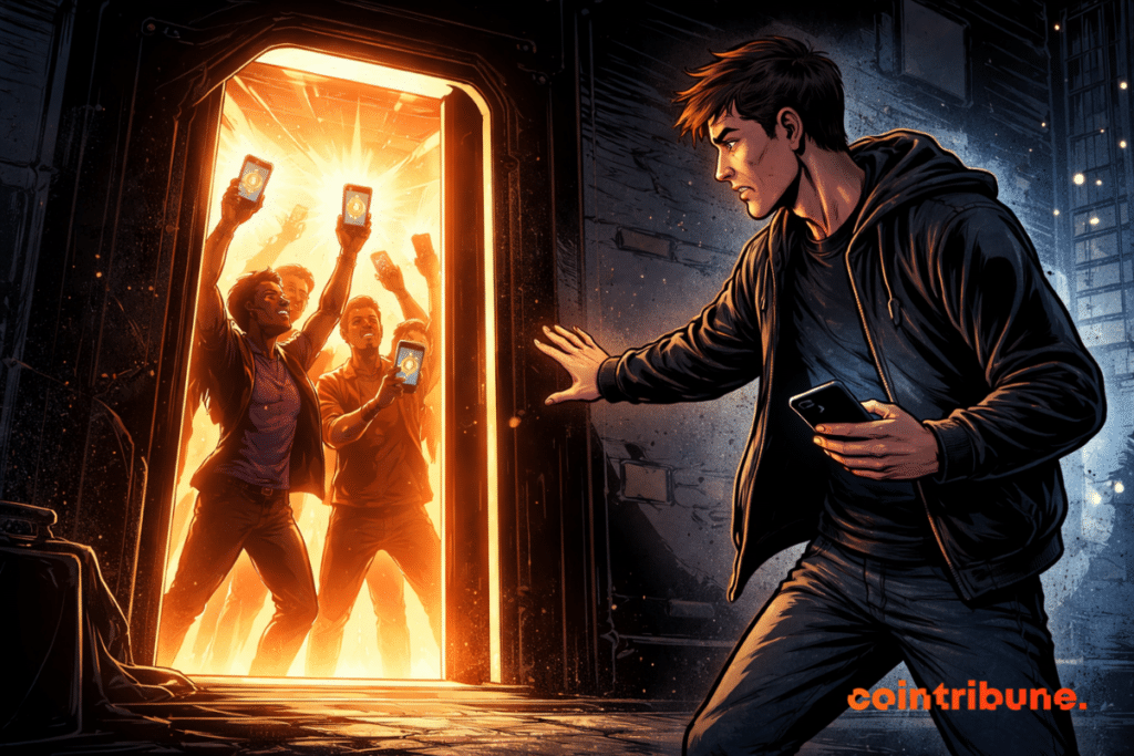 Um jovem segurando um smartphone está parado em uma rua escura, olhando para uma porta iluminada onde as pessoas comemoram com seus celulares levantados, banhados por uma luz laranja.