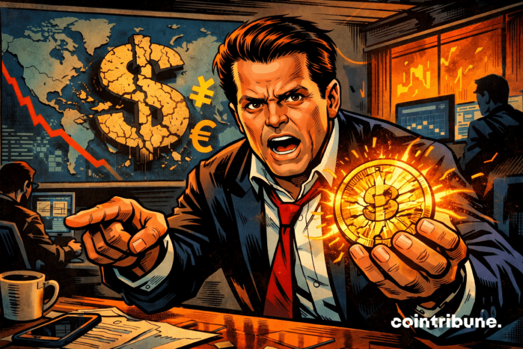 Scaramucci holds cracked stablecoin as dollar symbol crumbles and markets plunge behind him.