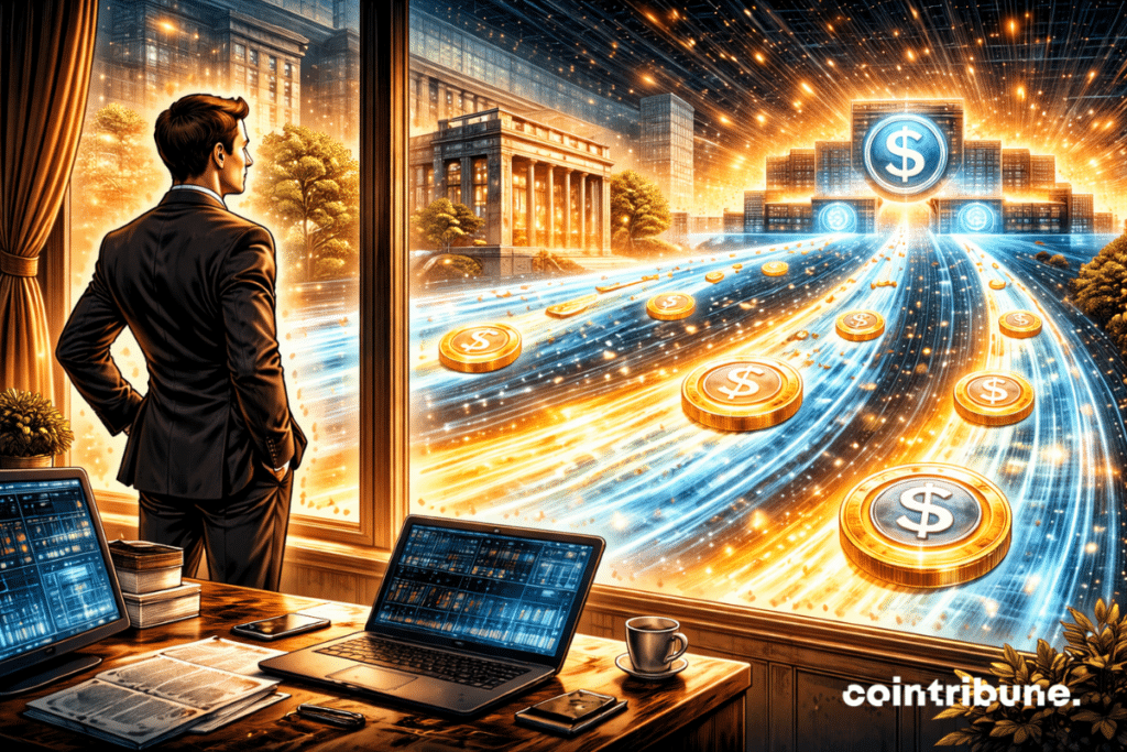 In a modern institutional brokerage office, a banker watches luminous USDC stablecoin flows quickly move toward a crypto platform.