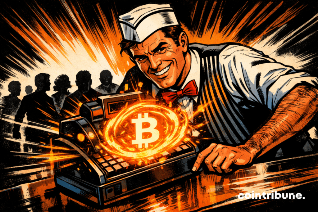 Une scène rétro dans le style bande dessinée des années 1970 montre un gérant de Steak 'n Shake sûr de lui, penché sur une caisse enregistreuse lumineuse émettant une énergie Bitcoin orange, tandis que les clients font la queue derrière lui.