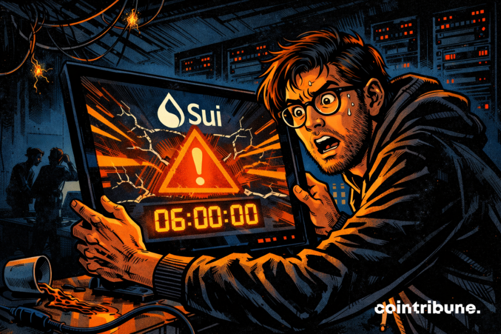 A panicked crypto developer in front of a Sui screen displaying an alert and a frozen countdown.