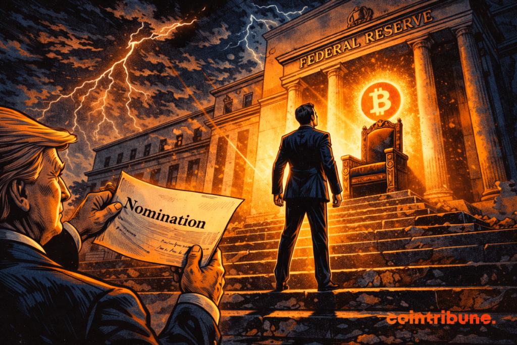 Kevin Warsh climbs the steps of the Fed toward an empty throne, under the gaze of Trump and a suspended Bitcoin.