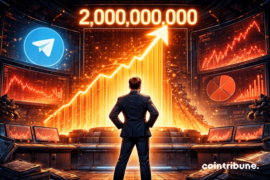 Un représentant de Telegram se tient sur une plateforme surélevée. Derrière lui, un immense graphique lumineux pointe vers le haut, atteignant le chiffre 2 000 000 000. Au sol et en arrière-plan, des bilans rouges, des tableaux de pertes clignotent discrètement.
