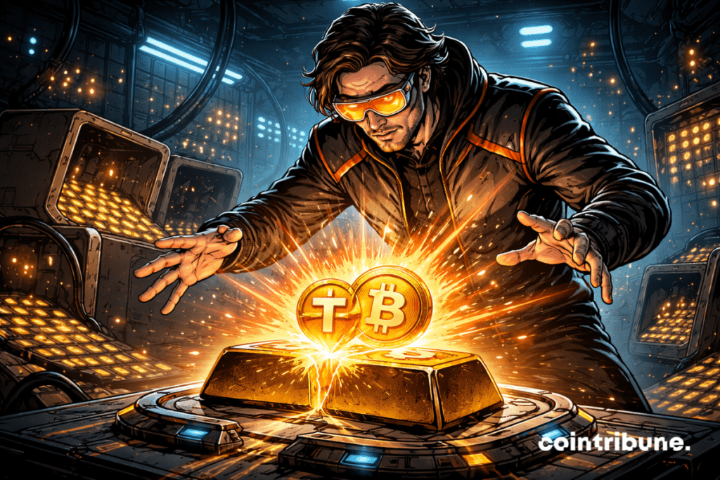 A digital engineer transforms a gold bar into Tether and Bitcoin tokens, merging tradition and innovation.