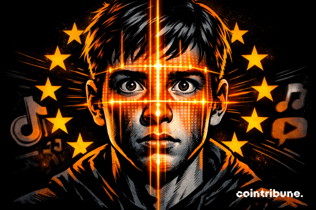 O rosto preocupado de um adolescente é escaneado por linhas biométricas laranja brilhantes, emolduradas por estrelas da UE e ícones sombrios das redes sociais, num estilo de banda desenhada dos anos 70.