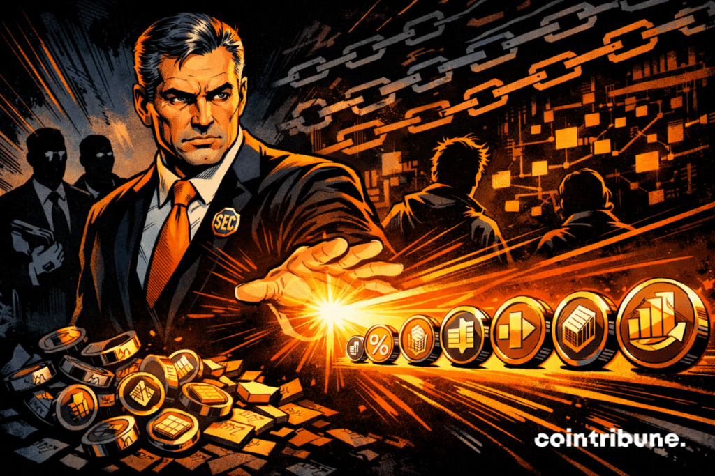 Um funcionário da SEC em estilo quadrinhos projeta um feixe laranja que organiza tokens digitais caóticos enquanto figuras sombrias observam contra um fundo escuro de blockchain.