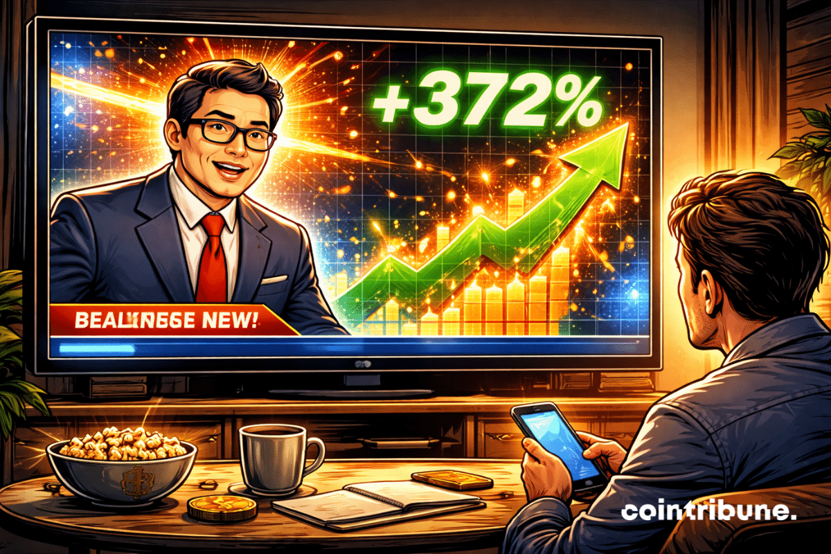 Dans une émission « Breaking News », Tom Lee parle et un bandeau graphique explose, ce qui symbolise sa demande aux actions de BitMine.