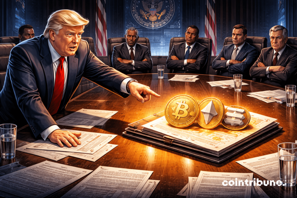 At one end of a political roundtable, Trump points to crypto files. At the other, lawmakers fold their arms, blocking the vote.