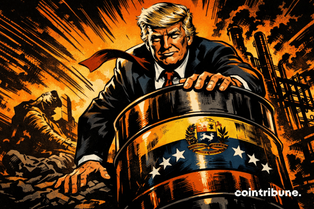 Une illustration de style bande dessinée des années 1970 représente Donald Trump dans une posture dramatique, pris en contre-plongée, agrippant un énorme baril de pétrole orné de symboles vénézuéliens à l'intérieur d'une raffinerie sombre baignée d'une lumière orange.
