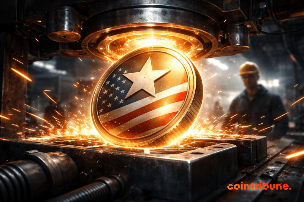 A glowing USAt coin is being minted in a heavy industrial press, surrounded by flying orange sparks as a factory worker watches in the background.